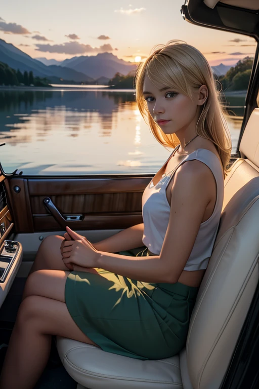 1人の女の子はEnjoy the sunset, nice view of the lake behind, shot from the side、high resolution. Sitting on the hood of the car, Blonde, Enjoy the sunset, sitting in a land rover, Land Rover Series III 109, sage color, parked.