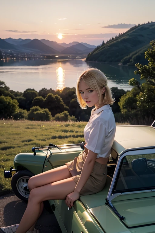 1人の女の子はEnjoy the sunset, nice view of the lake behind, shot from the side、high resolution. Sitting on the hood of the car, Blonde, Enjoy the sunset, sitting in a land rover, Land Rover Series III 109, sage color, parked.
