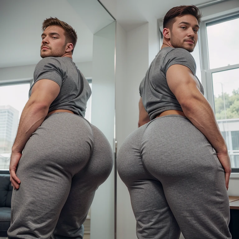 Two college guys, muscular, jocks, athletic, shirtless, ginger, wearing grey sweatpants, big butt, huge ass, comically massive ass, bubblebutt, thick, thicc, thick ass, thick legs, thick thighs, huge butt cheeks, ass huge, showing butt to camera, smiling, looking back at camera, big booty, boy booty, men with huge butts, men in grey sweatpants, showing off ass, absolutely massive butt, enormous ass cheeks in grey sweatpants, full ass, round ass, juicy ass, expansive ass, tight sweatpants, filled sweatpants