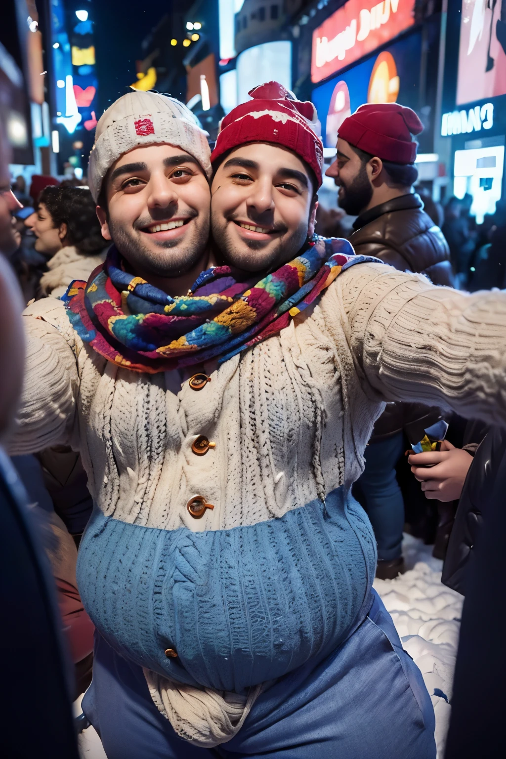、22-year-old Italian chubby male,  ((stubble:1.3)),   ((body hair)),  (( taking a selfie in the middle of a very busy crowd of people celebrating new years eve at times Square in New York city) ),  holding a champagne glass in the air,, short  hair  、 ((curly brown hair)), ((baggy eyes, brows feet, chin dimple,)), elegant winter Wear, , Smile、 , two heads, ((2heads)),conjoined dicephalus, ((chubby, overweight, plump)),((wide shoulders) ),((wide torso)), hyperrealistic,masterpiece,8k,((((big bulge)))), snowy and windy, wearing an oversized colorful scarf, red knit cap, blue knit csp