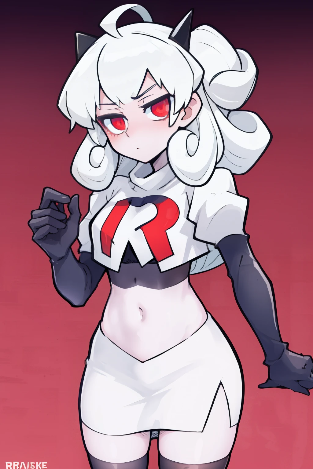 masterpiece, best quality, red eyes, white curly kair, ahoge,team rocket,team rocket uniform,white skirt,red letter R,crop top,black thigh-highs,black elbow gloves, comic strip