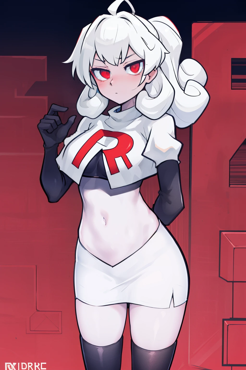 masterpiece, best quality, red eyes, white curly kair, ahoge,team rocket,team rocket uniform,white skirt,red letter R,crop top,black thigh-highs,black elbow gloves, comic strip