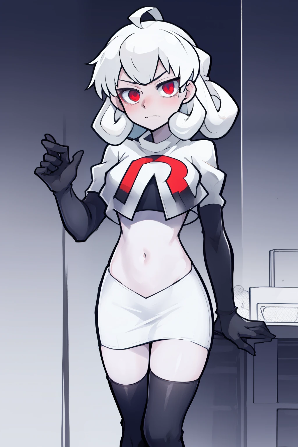 masterpiece, best quality, red eyes, white curly kair, ahoge,team rocket,team rocket uniform,white skirt,red letter R,crop top,black thigh-highs,black elbow gloves, comic strip