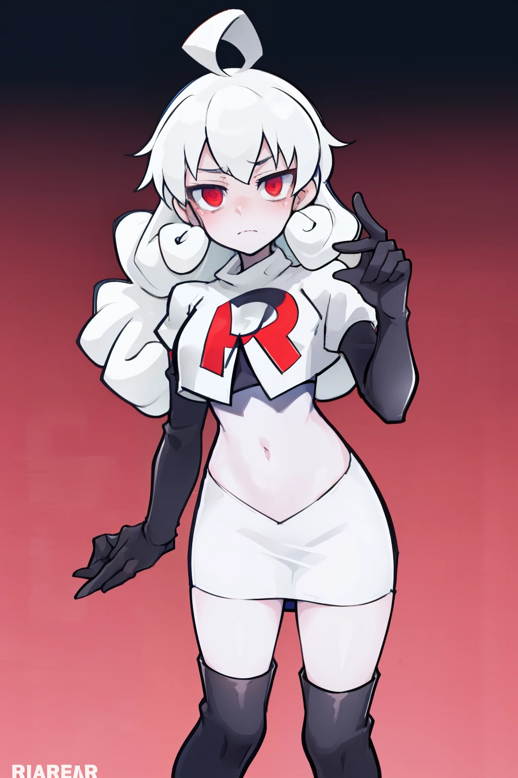 masterpiece, best quality, red eyes, white curly kair, ahoge,team rocket,team rocket uniform,white skirt,red letter R,crop top,black thigh-highs,black elbow gloves, comic strip