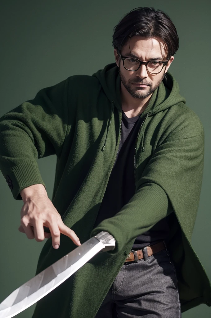 One wearing a green plaid cloak，Animated front view of bespectacled man wielding green knife