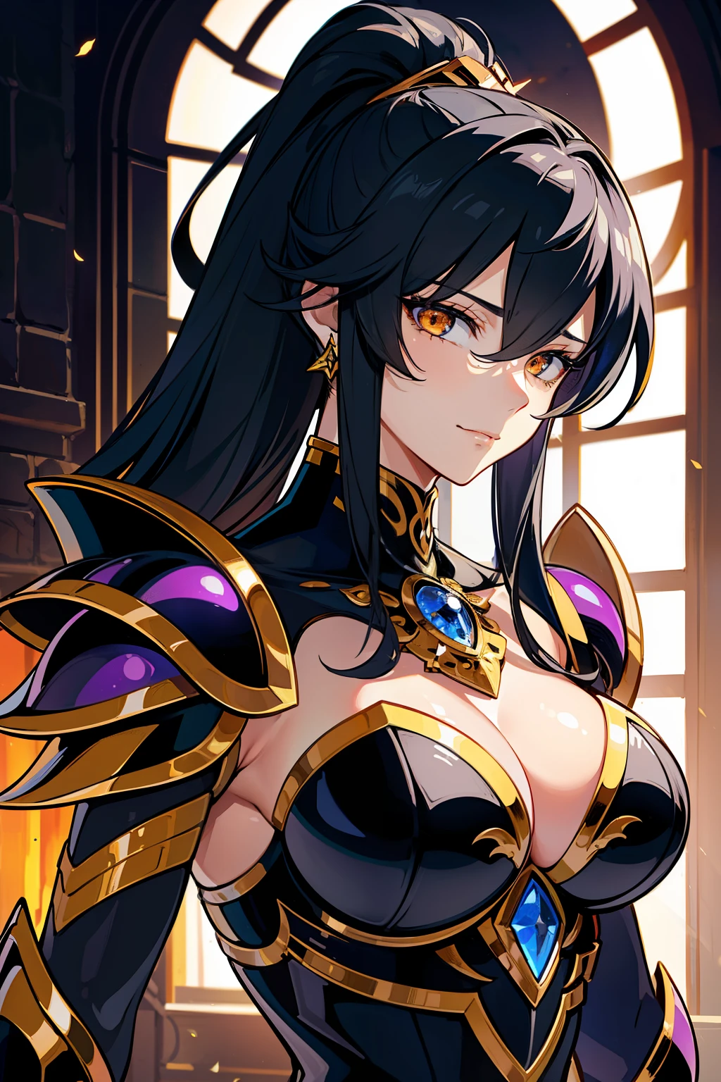 (high-quality, breathtaking),(expressive eyes, perfect face) 1female, girl , solo, young , white colored hair, orange coloured eyes, stylised hair, gentle smile, short length hair, ponytail,loose hair, side bangs, wavy hair, slightly narrow eyes, looking at viewer, portrait, greek, armor, black onyx purple armor, purple saint seiya armor, black spectre armor, fantasy armor, Hades, armor like Thanatos saint seiya lost canvas, armor like Hypnos saint seiya lost canvas, Zagreus from Hades, Zagreus, C cup breast size