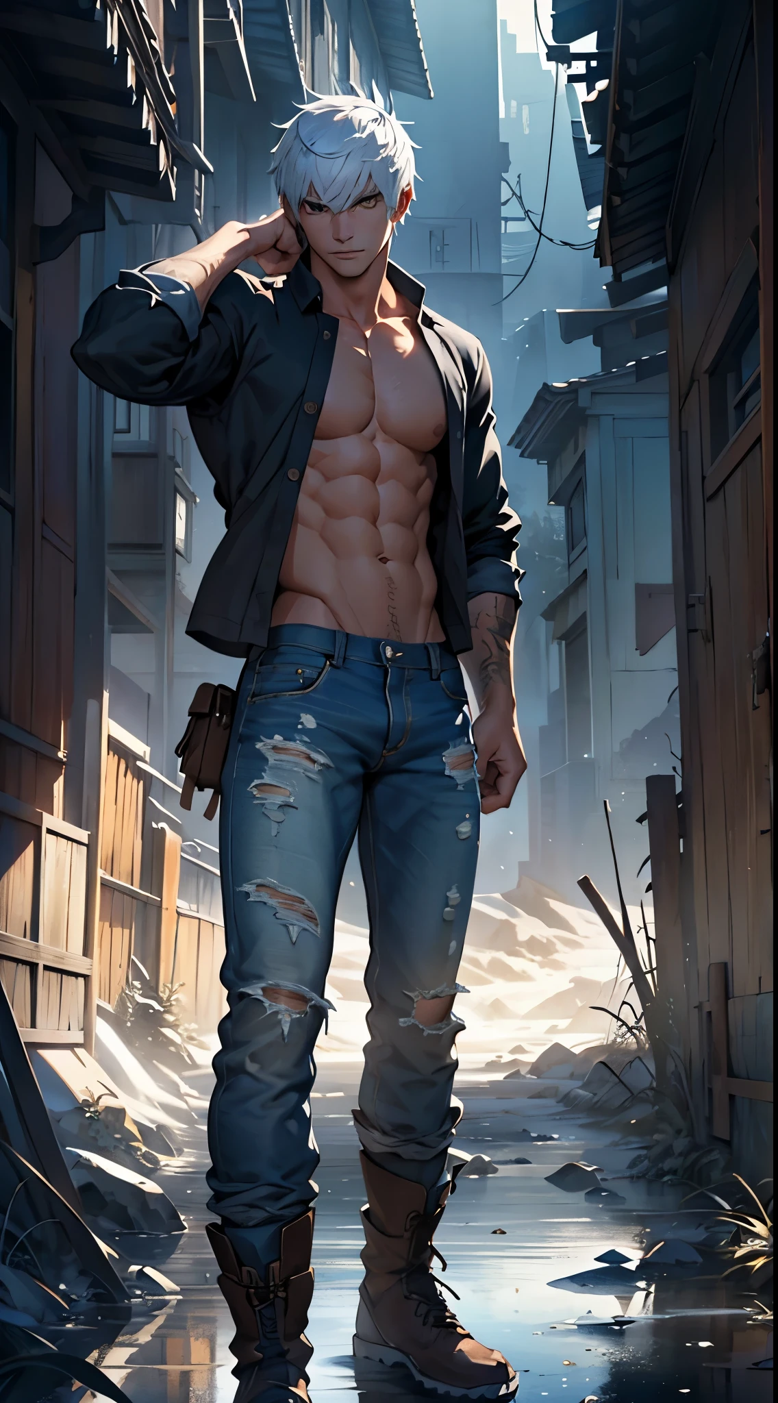 (Jack Frost), (atletic body), ripped brown pants, detailed illustration, (paisaje invernal), mirando al espectador, (pose relajada), ((sin camisa)), dramatic illumination, anatomia perfecta, (atractivo)