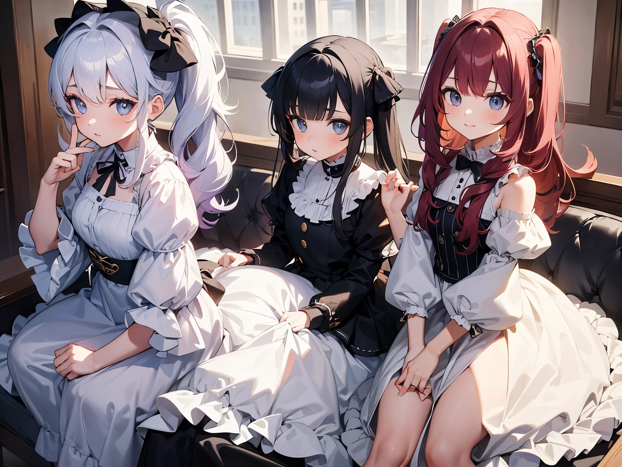 twins sister, hairstyles different, hair colors different, eye colors different, iris colors different, outfit styles different,