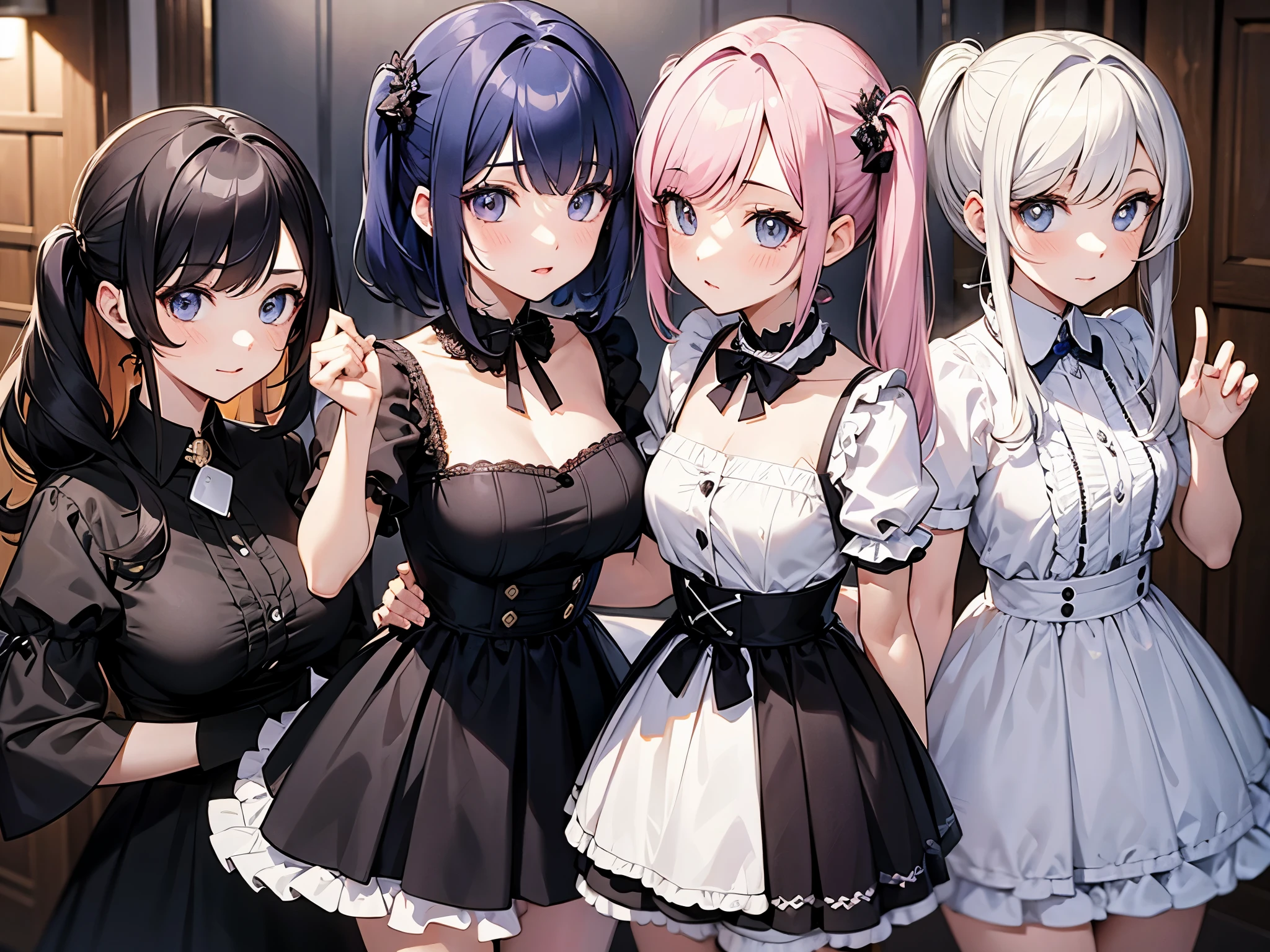 twins sister, hairstyles different, hair colors different, eye colors different, iris colors different, outfit styles different,