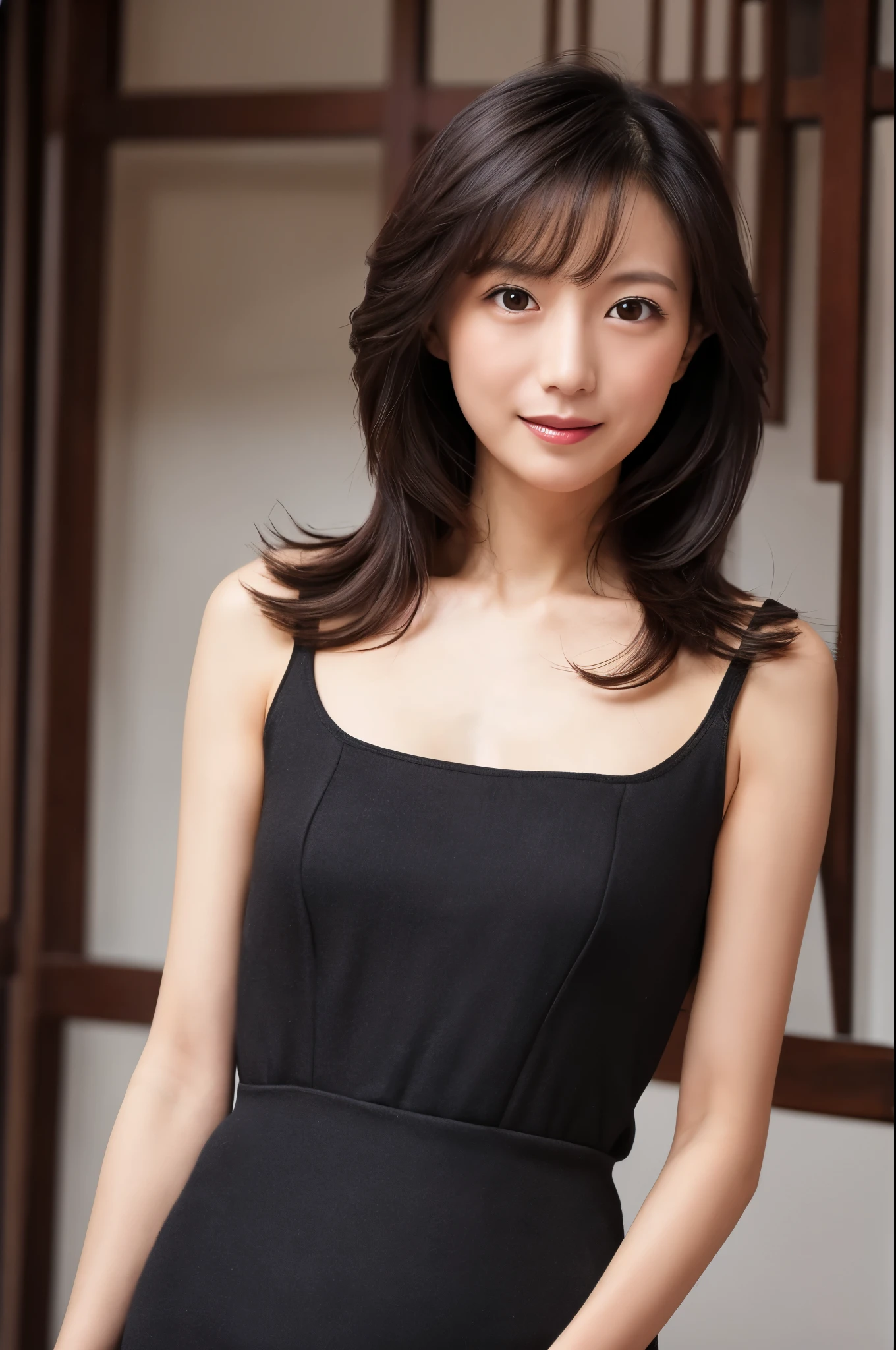 (High reality photograph, high resolusion photograph, super detailed face, detailed eyes) Skinny Japanese lady, 40 years old, cute face, various face expression, black long hair, skinny figure, medium breasts, very thin waist, cheongsam, full-body photo, alone in a photo