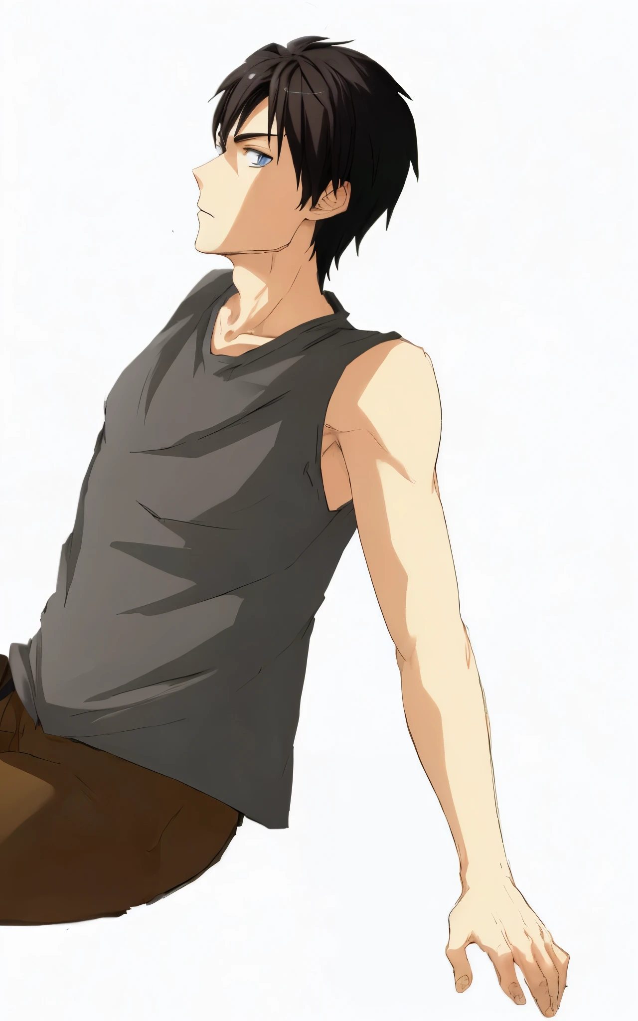 anime guy looking at the sky while sitting on the ground, handsome anime pose, !!full body portrait!!, wearing a tanktop, kentaro miura style, wearing tanktop, kentaro miura manga style, full body portrait of a short!, tall anime guy with blue eyes, kentaro miura!, as an anime character, anime handsome man, anime full body illustration