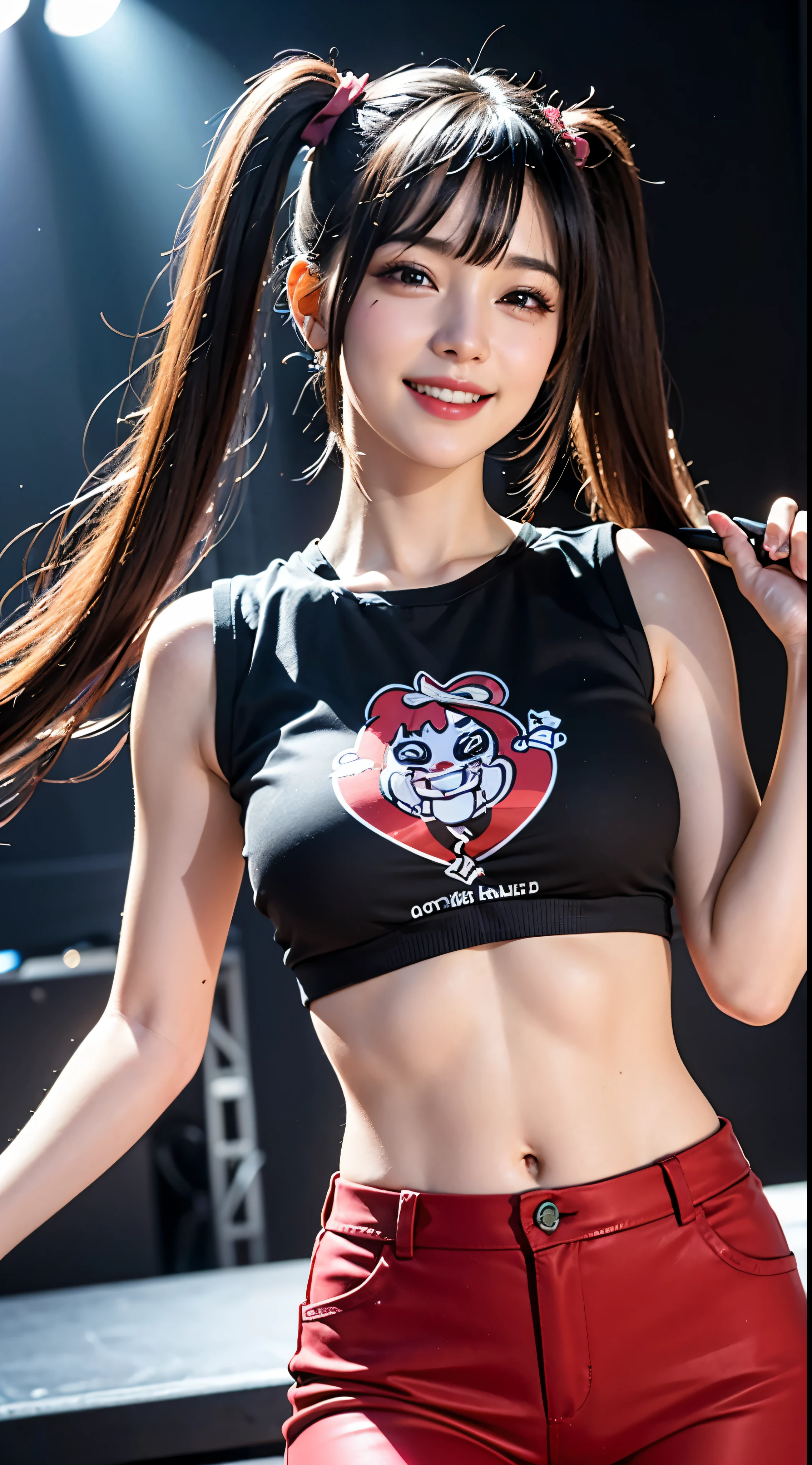 24-years-old, baby face, Beauty, (((whole body))), outstanding style, (short bob, twin tails, brown hair), (beautiful body line:1.2), (beautiful armpits:1.3), (medium breasts:1.3), (cleavage:0.9), (slim thighs), (clear white skin:1.2), (moist lips:1.3), Professional baseball cheergirls, cheerleader costume, Audience seats, (Sexy dance performance), (detailed hands), (perfect anatomy), (Brighten the contrast of shadows)、(Professional lighting for live music venues)、(lighting on face)、(nffsw++:1.10), (ultra high resolution), (highest quality), (Improvement of quality), (super detailed), (accurate color), (Photoreal), (looking at the camera)
