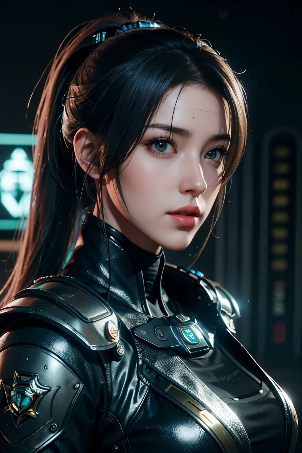 Masterpiece，The best qualities，Very high resolution，8K，((Portrait))，((Head close-up))，Original photo，real photo，digital photography， (A girl dressed in a combination of modern and technological style)，(Police officer)，22-year-old girl，(Random ponytail hairstyles)，(The pupils of the eyes are purple)，(Lachrymal mole in the corner of the eye)，attractive cleavage，Elegant and noble，chill out，Brave，(Big breasts)，(Cyberpunk-inspired police uniforms，Sci-fi style combat suit，Police uniform，Joint Armor，Badge，A fine pattern of dress，Metallic luster，Black and white)，( Special Forceemale soldier photo pose，streets background，Movie lights，Ray tracing，Game CG，((3D Unreal Engine))，oc render reflection texture