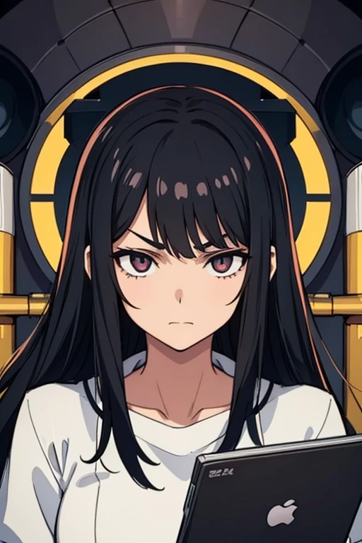 Technician dressed as a young woman with black hair with a serious expression, The background is a large science observatory with a large screen and a lot of staff.