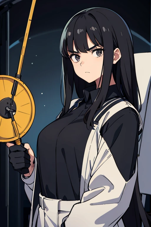Technician dressed as a young woman with black hair with a serious expression, The background is a large science observatory with a large screen and a lot of staff.