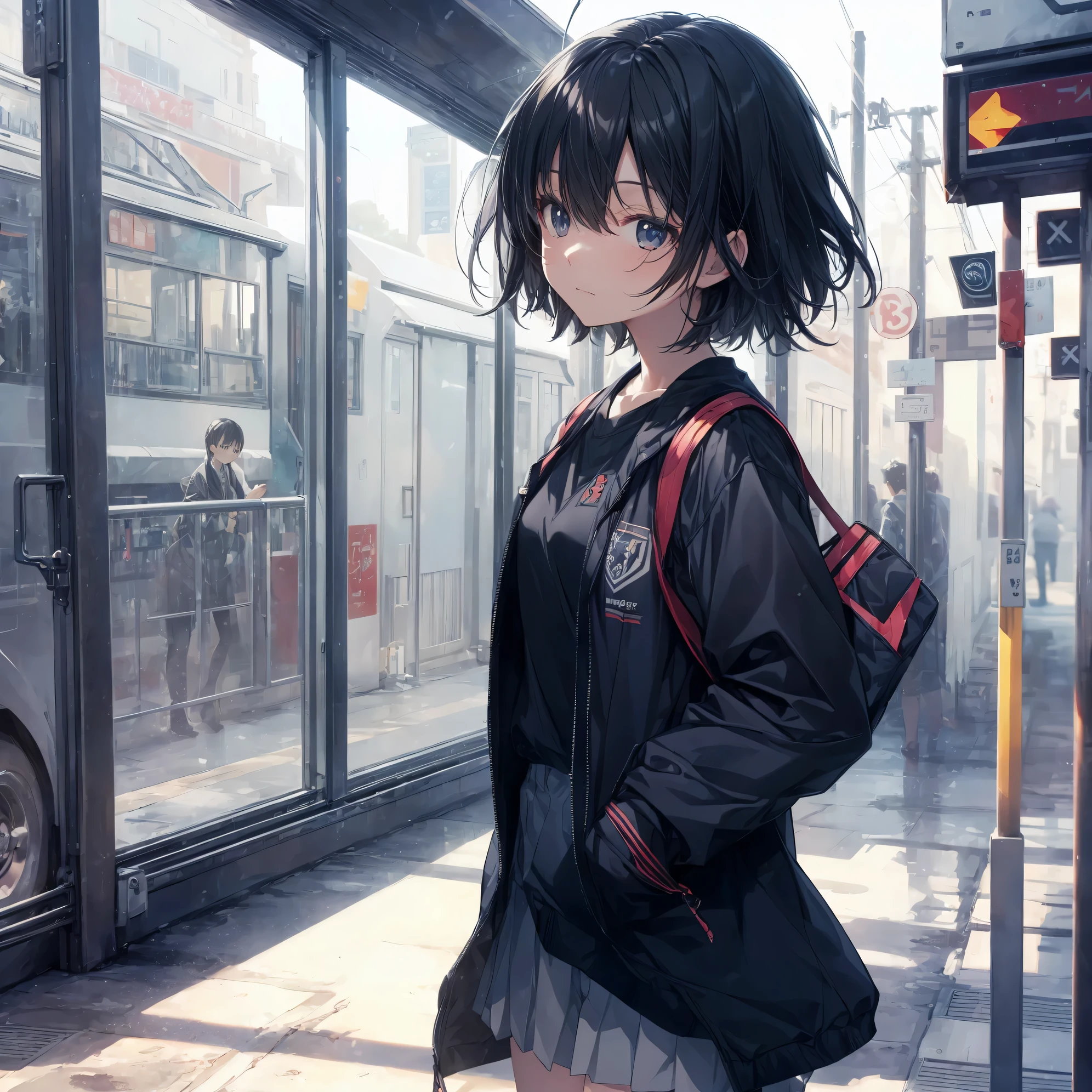 Super high quality by the art god, Ultra-detailed, High resolution, Shinkai Makoto style, anime moe art style, best anime 8K konachan wallpaper, Pixiv Contest Winner, Perfect Anatomy, BREAK,(Please draw a sleepy girl going to school alone.. ),BREAK, a hyperrealistic schoolgirl, (Solo,Lori,child,13years:1.3),Full limbs, complete fingers,a junior high school student, Androgynous attraction, (extra very short hair), hair messy, flat and soft chest, Small butt, groin, Small eyes,Beautiful detailed black eyes, Well-proportioned iris and pupils, disgusted eye, High resolution detailed hair, School uniform, Skirt, On the way to school. BREAK,Ultra-detailed細なスキン, Best lighting by famous artists, 8K, Illustration,