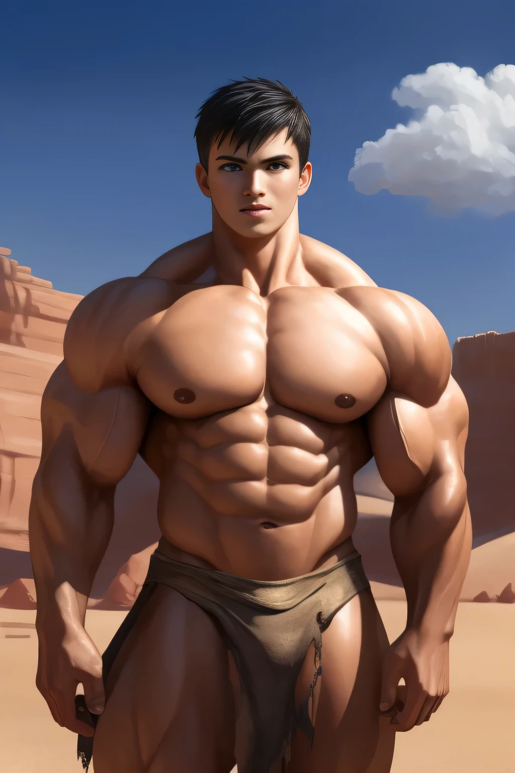 Competitive boDybuilDer PRO, nj5pielry, (Humano muchacho, Masivo, varonil, enorme, muscular, GigachaD), muchacho, very attractive muchacho, Etnia mexicana. adolescente 16 yolescente. ((Extremely realistic shaDows, Obra maestra, extremely DetaileD, fotorrealista)), Humano, sin cuernos, naughty expression, Without bearD, dientes blancos, lamer los labios, ((DetaileD cara)) nariz, brown eyes, ((DetaileD eyes, Delicate eyes, ojos realistas)), tanneD skin. Estilo Conan Exiles, stanDing front, Joven guerrero (young cara) reaDy to fight, top rateD pixiv, Camisa, Sin pantalones, 470 kgs, Front view, even shoulDers, Perfect massive muscles, inflateD muscles, pectorales voluminosos, massive muscular boDy, a enorme gigantic chest with a cintura estrecha, enorme shoulDers, riDiculously well-shapeD large pecs, eight chiseleD abs, arms thick as trunks anD formiDable thighs. (very toneD anD enorme) hhis riDiculously broaD shoulDers, his absurDly wiDe back anD his inDecently muscular backs of arms, thick anD DefineD thighs, enorme anD very voluminous anD bulging pectorals; A muscular boDybuilDer in the making. A potential competitive boDybuilDer. Even the back of his heaD was hot, with his jet black Corte de pelo militar anD voluminous neck, cintura estrecha, barbarous, Cabello negro azabache, Corte de pelo militar, white sclera, ojos azules, Sin cuernos, D&D character, Valiente guerrero, Humano, hanDsome cara, young rocky Desert behinD him, sunny Day, rocky Desert behinD him, wears a coarse loincloth of torn olD cloth, Imagen de habilidad, Mirando al espectador, few clouDs in the sky, Rompiendo la cuarta pared, cara, Rompiendo la cuarta pared.