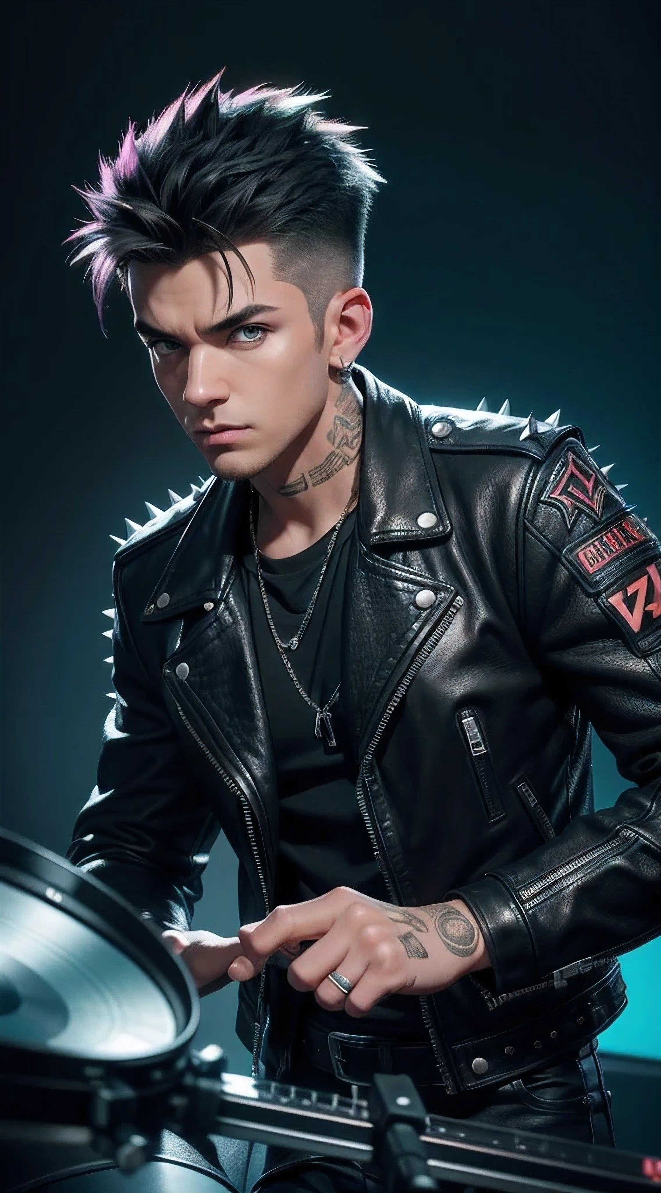 A punk with spiky hair and a leather jacket, playing drums, Level4 style, hyper realistic, HD, neon extremely detailed, Volumetric lighting, detailed 64K, Sony A7S Ill, f/ 8.0, 1/200. sharp-focus, detailed 64K megapixel.