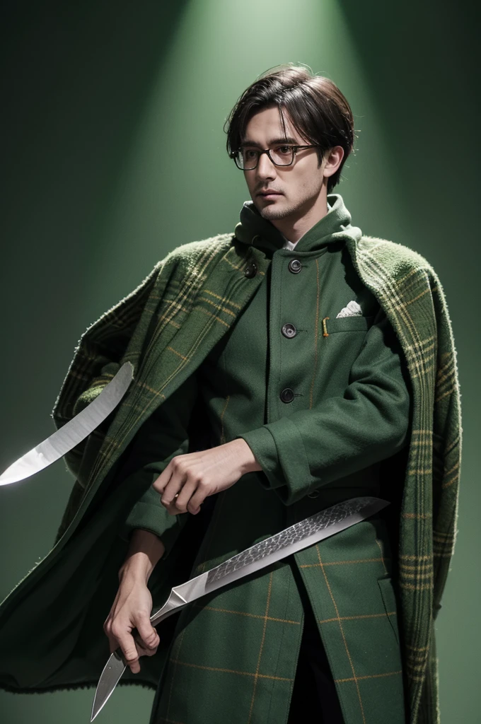 One wearing a green plaid cloak,Animated front view of bespectacled man wielding green knife,The green cloak should be green and white plaid.,The blade should have a rotten color light