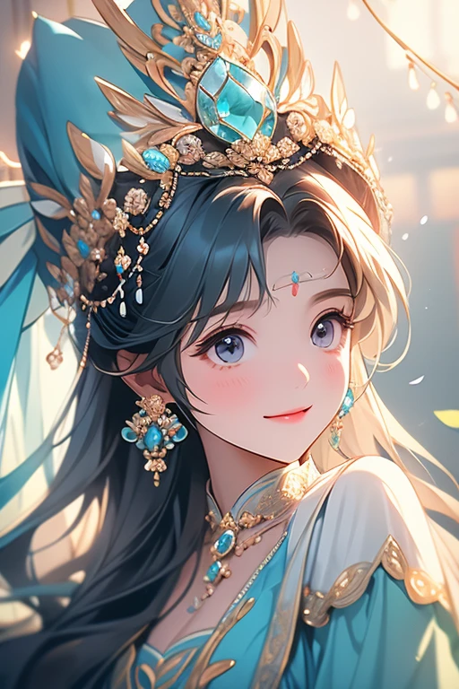 femele,A dark-haired,bright expression,Shy laughter,friendly,delicate,Beautiful,cute little,hightquality,Light blue,Idol,masterpiece
