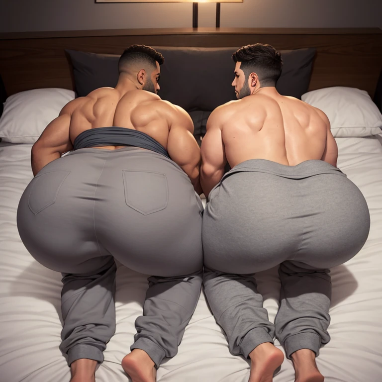 Birds Eye view, two men, laying on a bed, butts up, wearing grey sweatpants, huge butt, massive butt, comically massive butt, huge ass, massive ass, bubble butt, big boy booty, Giant butt cheeks, giant ass cheeks, giant butt, giant ass, round ass, wide ass, full ass, tight grey sweatpants