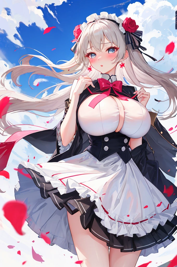 girl, mature female, mature, Beautiful wife，milf, very long hair, (huge-breasted)，blush, lipsticks，(white colors)Lolita skirt，open chest，The top was blown up by the wind，HighestQuali，超高分辨率