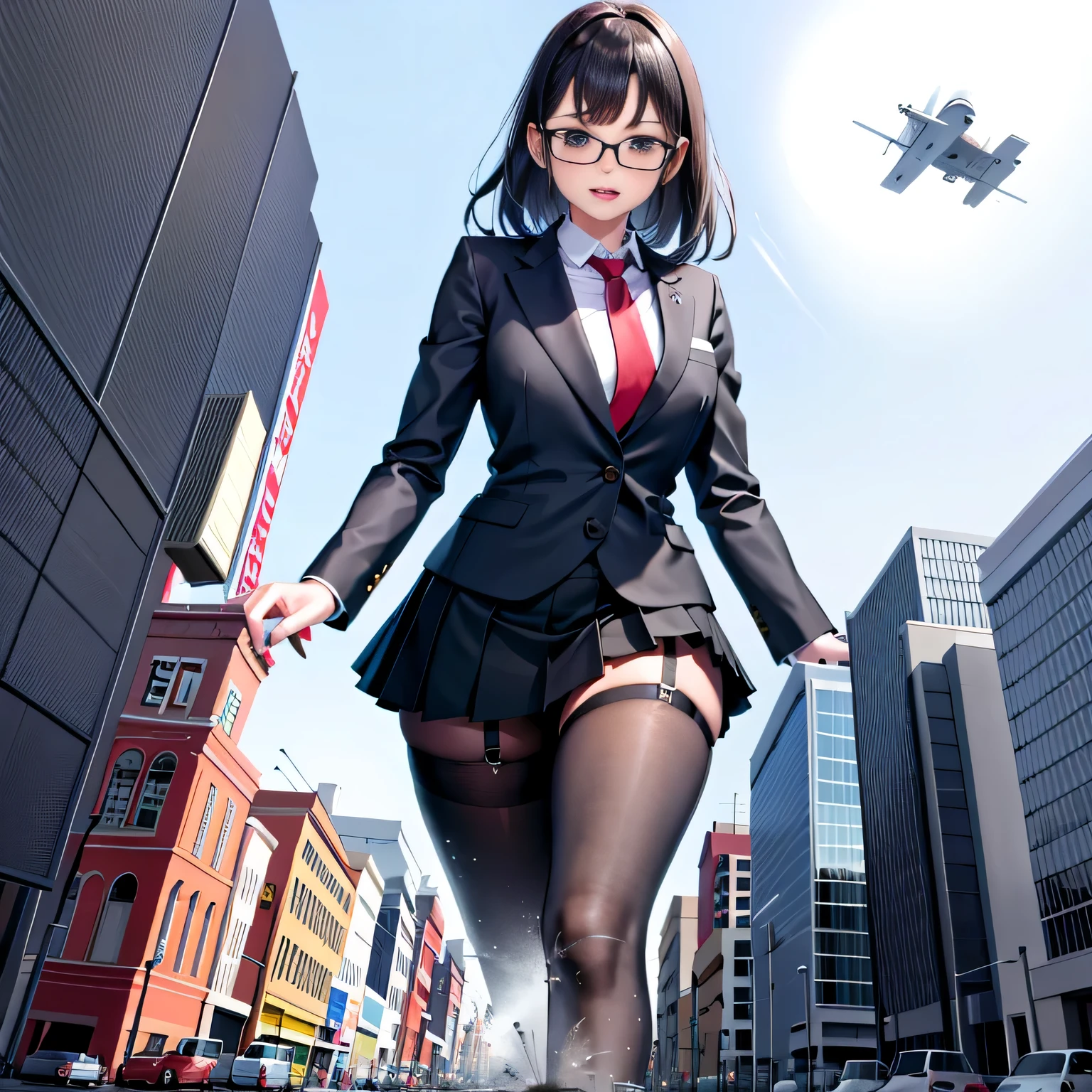 Multiple girls, der riese art, a hyperrealistic schoolgirl, 非常に詳細なder rieseショット, der riese, Shorthair, a huge high school girl、&#39;It&#39;s much bigger than a skyscraper, Wearing rimless glasses, Colossal tits, Big ass, Navy blue blazer, Red tie, Mini Length Skirt, Black pantyhose, i don't wear shoes., miniature metropolis, i&#39;I am playing with capturing very small aircraft carriers and battleships.., nffsw, giga der riese, der riese, crashed warship, small warship, micro warship,