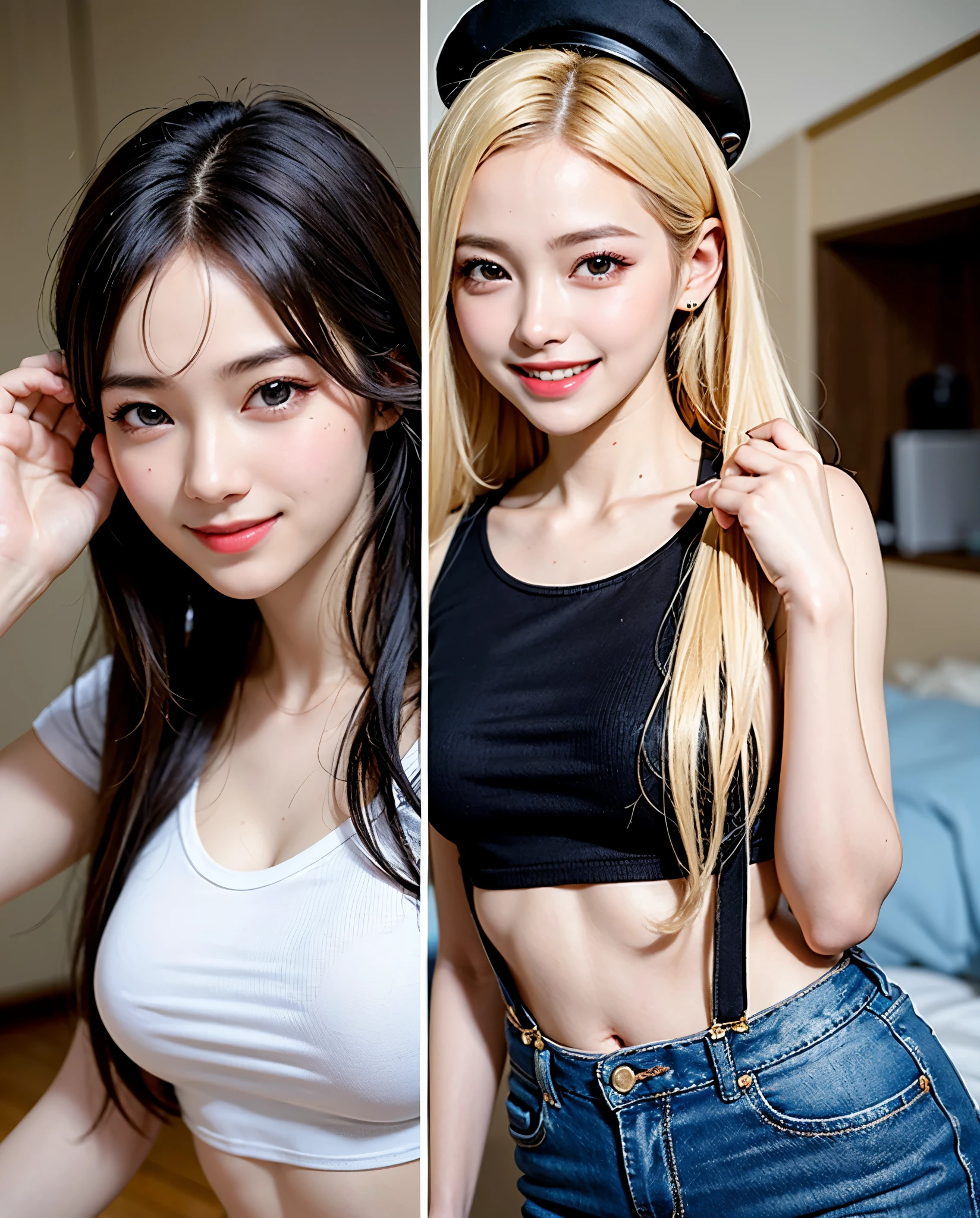 Best Quality, masutepiece, 超A high resolution, (Photorealistic:1.4), Raw photo, 1girl in, kｰpop idol, Idol makeup,long hair blonde hair,,Chibi T-shirt,suspenders、CAP,Navel Ejection,abdominals、Parachute pants,Detailed eyes,(realisticeyes),delicated face,realskin,detailed hairs,Detailed skin,Beautiful face,((Smiling))、Bright lighting、music program lighting、