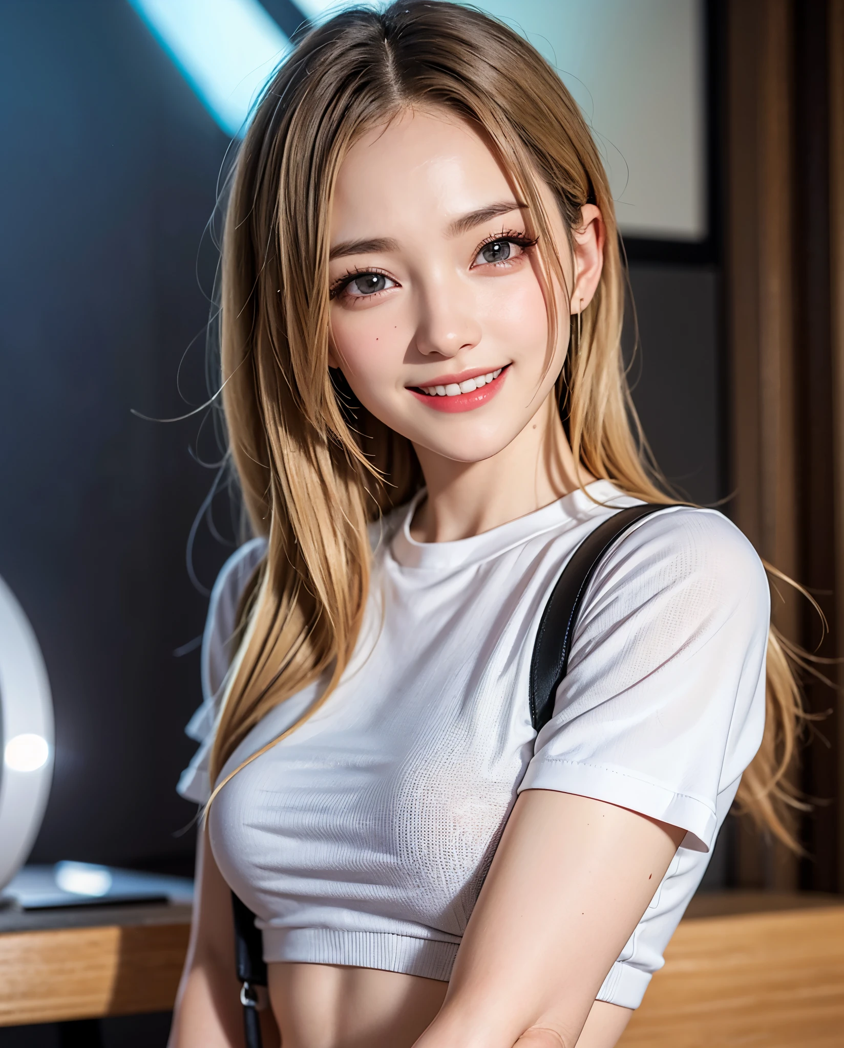 Best Quality, masutepiece, 超A high resolution, (Photorealistic:1.4), Raw photo, 1girl in, kｰpop idol, Idol makeup,long hair blonde hair,,Chibi T-shirt,suspenders、CAP,Navel Ejection,abdominals、Parachute pants,Detailed eyes,(realisticeyes),delicated face,realskin,detailed hairs,Detailed skin,Beautiful face,((Smiling))、Bright lighting、music program lighting、