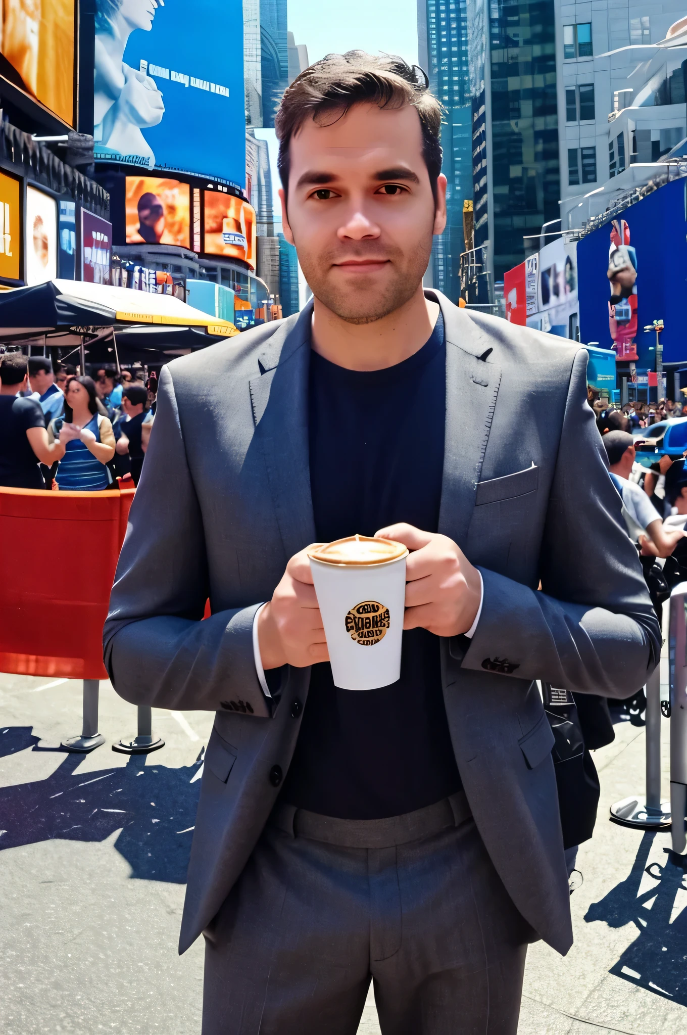 male self portrait wearing casual suit, holding coffee cup , background outdoor at times square new york