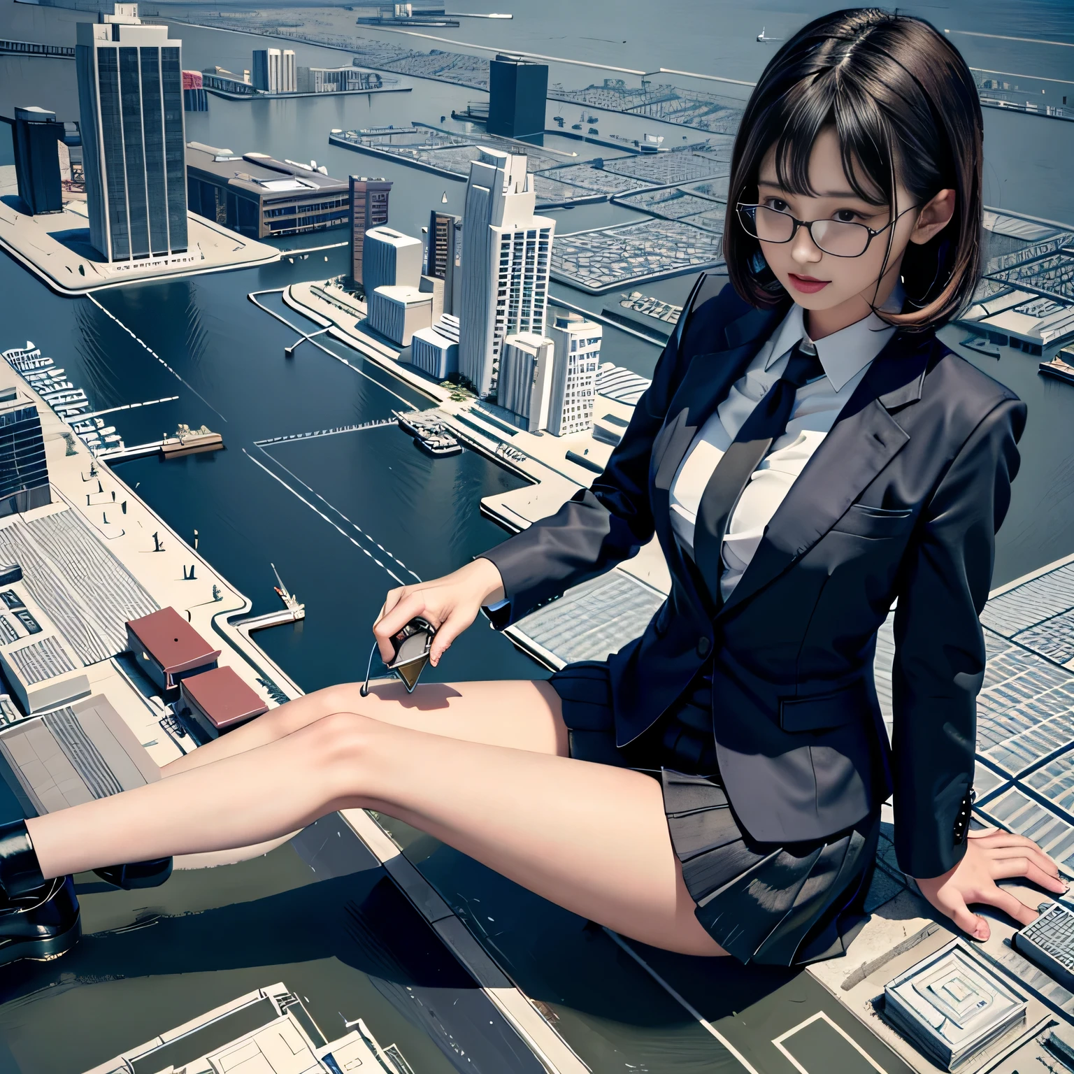 Multiple girls, der riese art, a hyperrealistic schoolgirl, 非常に詳細なder rieseショット, der riese, Shorthair, a huge high school girl、&#39;It&#39;s much bigger than a skyscraper, Wearing rimless glasses, Colossal tits, Big ass, Navy blue blazer, Red tie, Mini Length Skirt, Black pantyhose, i don't wear shoes., miniature metropolis, i&#39;I am playing with capturing very small aircraft carriers and battleships.., nffsw, giga der riese, der riese, crashed warship, small warship, micro warship,