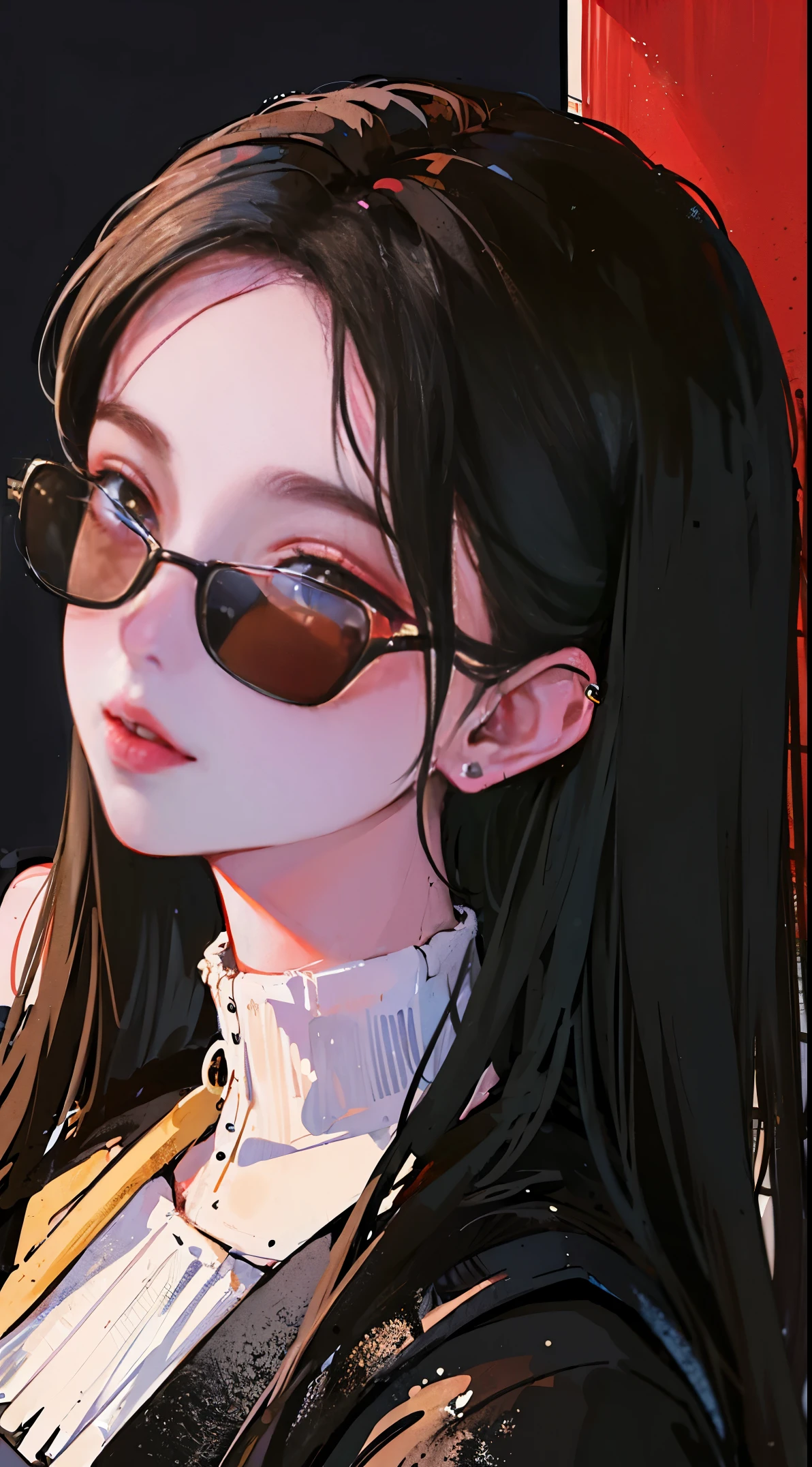 (Portraits:1.4), (masterpiece:1.2, best quality:1.2), from above, upper body, 1girl, Look up, face focus, extremely detailed face, extremely detailed eyes, good-looking, make up, finger on lips, sunglasses, fashion wear, earrings,