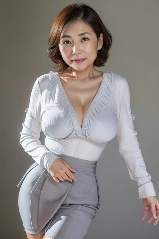 Best Quality, hight resolution, Hires, Skin definition, Detailed skin, Detailed eyes, Detailed face, 4K, 日本人A MILF, ((独奏)), (((50 years old))), (Wrinkles at the corners of the eyes:1.6), (nasolabial folds:1.6), A MILF, glamor, A sexy, Chromo-white skin, ((Wavy Shorthair)), Looking at Viewer,(((Aging skin:0.9))), ((loose muscles:0.9)), (((A slender))), (((Very large breasts:1.28))), ((Saggy udder)), (Saggy buttocks), ((Japanese Models)), 4K, (photoRealistic:1.5), Realistic, nffsw, Beautiful, Bimbo, Perfect makeup, small diamond necklace, piercings, (((Gray business suit, white undershirt, pantyhose, tight skirts, high-heels))), ssmile, Public places,Full body photo,