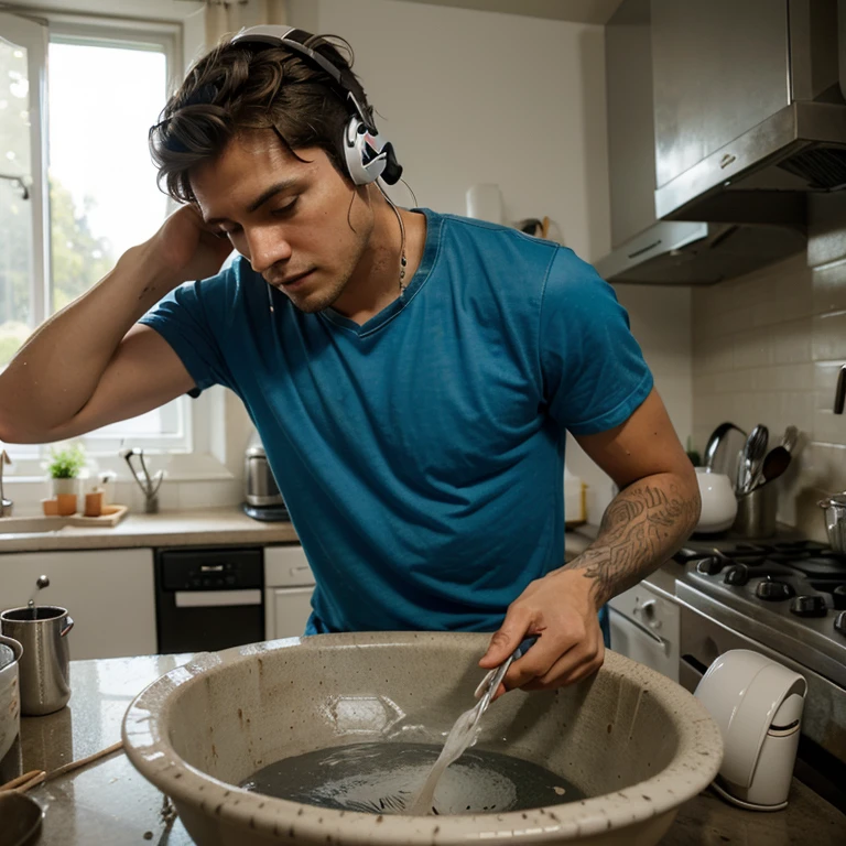 A man who listens to musicWith headphones. and washes dishes