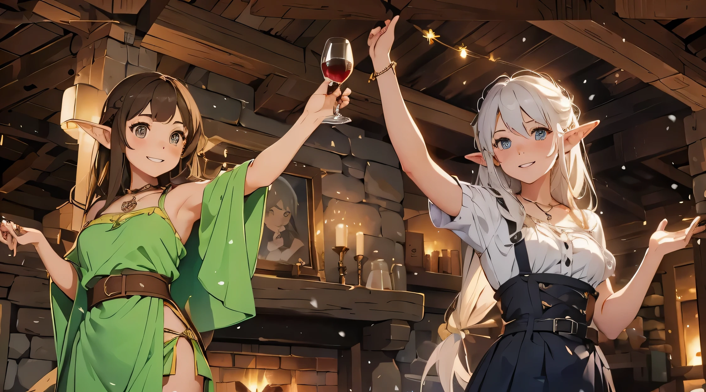 masterpiece, rustic tavern, spacious tavern, 1_woman, standing, fireplace, warm fire, confetti, wine glasses, snowing outside, new years, long elf ears, platinum blonde long hair, gray colored eyes, medium_bust, puffy shirt, short sleeves, dark blue high waist underbust dress, four buttons at waist, smiling at viewer, long skirt with slit, wearing (necklace with silver ring on it), hands in the air, cheerful face, celebrating. BREAK: masterpiece, rustic tavern, spacious tavern, 1_woman, standing, fireplace, warm fire, confetti, wine glasses, snowing outside, new years, long elf ears, brunette hair, long hair, brown colored eyes, medium_bust, green dress, gold hatler top, diaphanous robes, bare shoulders, smiling at viewer, long skirt with slit, hands in the air, cheerful face, celebrating,