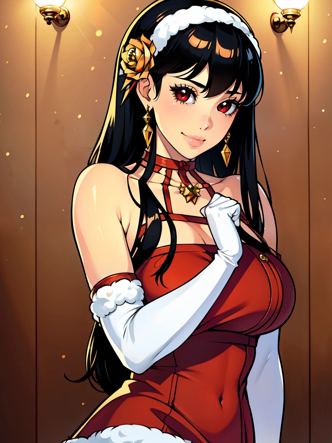 1girl, solo, masterpiece, best quality, high res, highly detailed, (illustration), beautiful detailed eyes, yor briar, black hair ,red eyes ,gold earrings, gold hairband, hair flower, hair ornament, hairband ,glossy lips, light makeup, warm smile, long white satin elbow gloves ,cowboy shot, (santa), red santa dress, full body, elbow white gloves, long white gloves