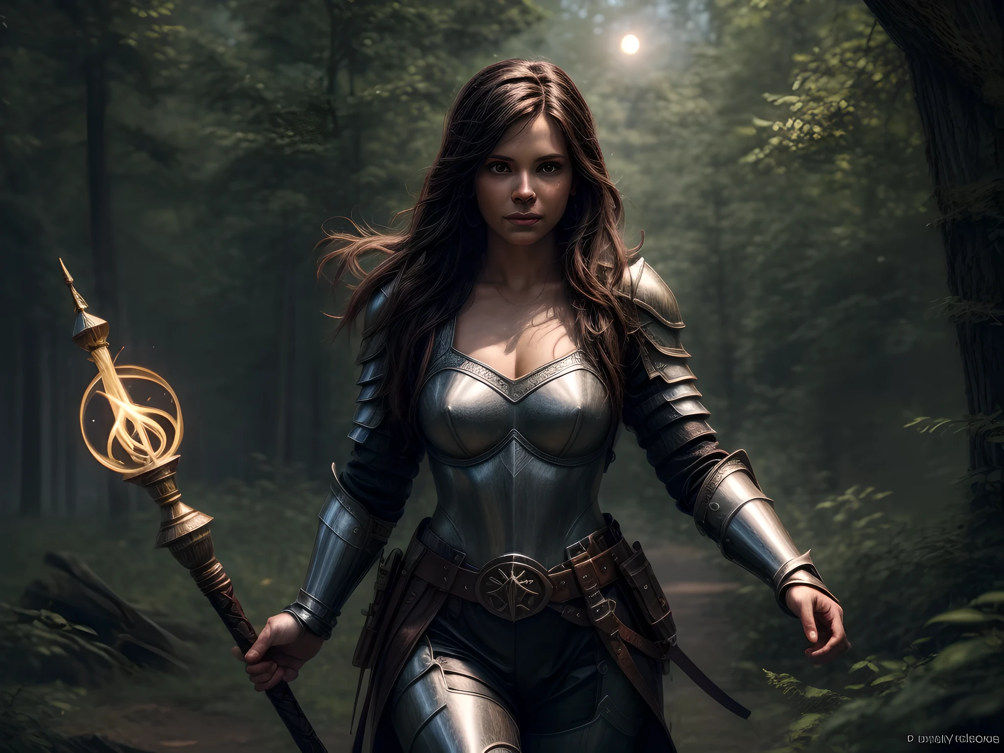 high details, best quality, 16k, [ultra detailed], masterpiece, best quality, (extremely detailed), dynamic angle, ultra wide shot, photorealistic, ((fantasy art)) ((larry elmore style)), dnd art, rpg art, realistic art, female human druid of the stars, guardian of nature, controlling magical energy made of stars, swirling blue stary magical light, divine symbols GlowingRunes_yellow (1.5 intricate details, Masterpiece, best quality), human female,  extremally beautiful, ultra feminine, dynamic hair, dynamic hair color, wearing leather armor CM-Beautiful_armor, holding a staff, moon light, stars, dynamic natural background,  RPG art, magical atmosphere magic-fantasy-forest, ultra best realistic, best details, best quality, 16k, [ultra detailed], masterpiece, best quality, (extremely detailed), ultra wide shot, photorealism, depth of field, hyper realistic painting, 3D rendering