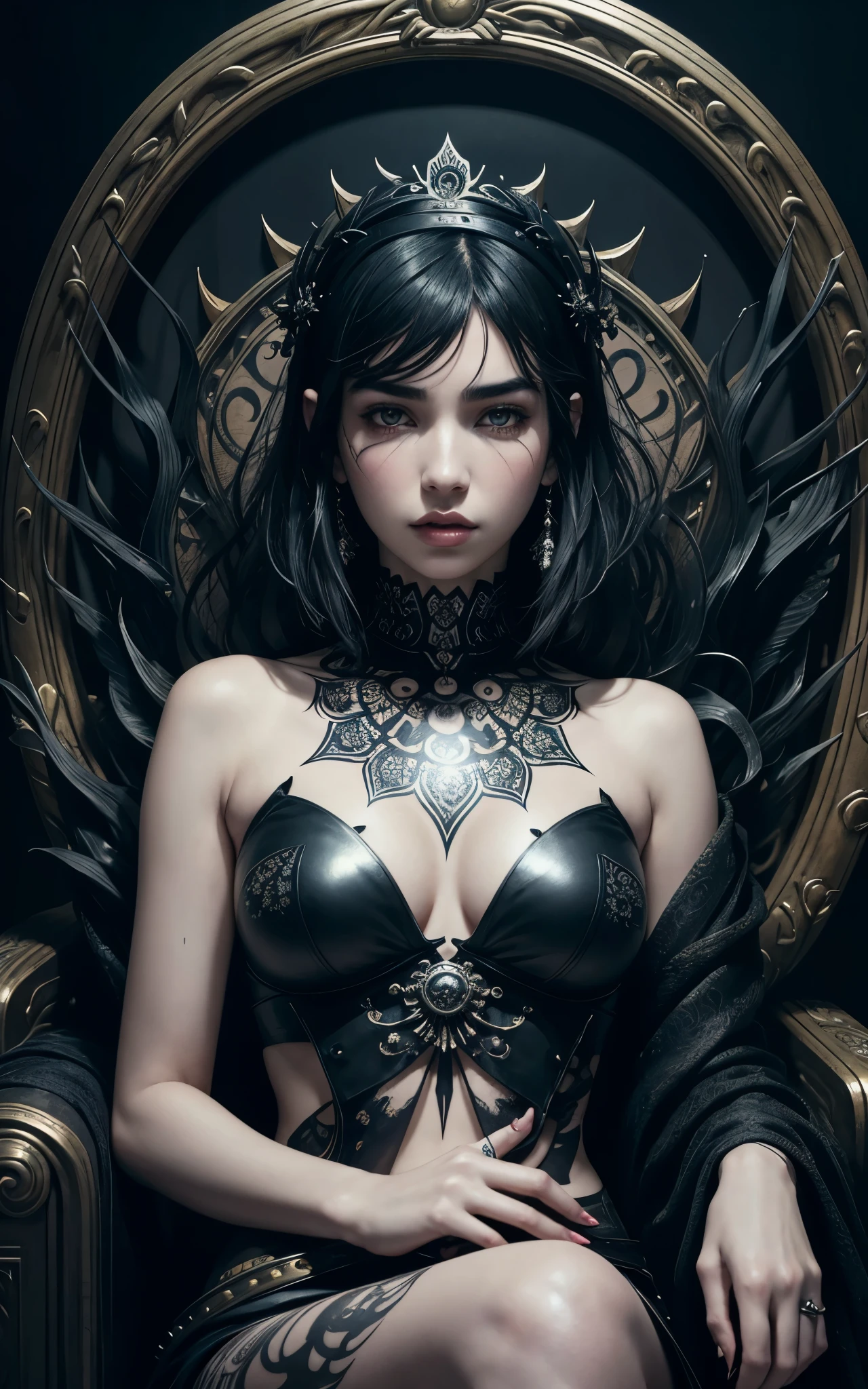(Dua Lipa) is a beautiful charming vampire queen sitting on a throne, carved out of dark smoke, pale skin,dark fantasy background, black, circular colored smoke, waves of shadows at night, abstract skull ornaments, messy hair, soft colors, flat 4d street art in the style of adrian ghenie, esao andrews, jenny saville , edward hopper, surrealism, james jean dark, takato yamamoto, inkpunk minimalism, , detailed eyes with circular iris, seamless geometric pattern harmony, luminogram, iron gall ink, art by Russ Mills, Sakimichan,, by GIlSam -paio octane rendering depicting innovation and truth, 8k, by Lee Jeffries, depth - Gs studio