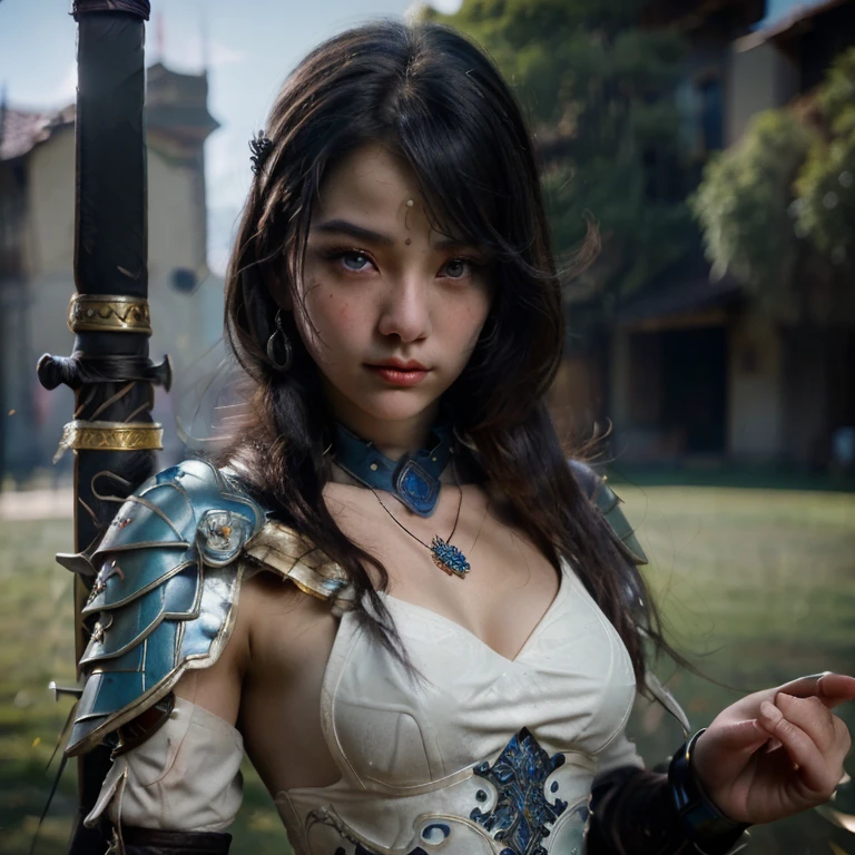 Describe an intrepid warrior in a medieval world, wearing imposing Nordic armor. His eyes express determination, inspirados no estilo coreano, while your short black hair dances in the wind. in her hands, wields a sharp spear, pronta para enfrentar desafios. Highlight the blue crystal necklace adorning your neck, emitting a mystical aura. Ilustre todo o corpo da personagem, revealing the essence of a medieval RPG heroine
