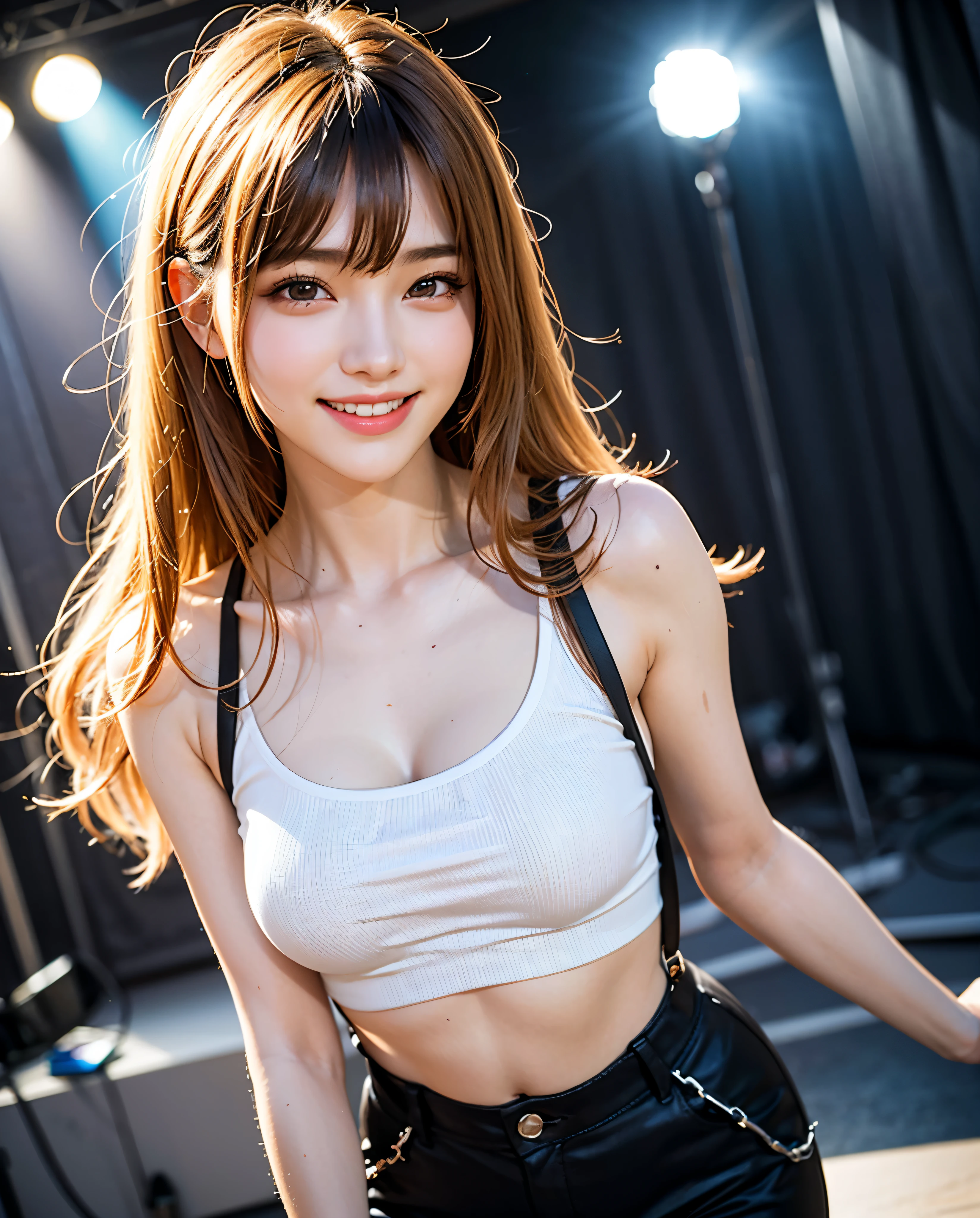 Best Quality, masutepiece, 超A high resolution, (Photorealistic:1.4), Raw photo, 1girl in, KｰPOP Idol, Idol maKeup,long hair blonde hair,,Chibi T-shirt,suspenders、Cap,Navel Ejection,abdominals、Parachute pants,Detailed eyes,(realisticeyes),delicated face,realsKin,detailed hairs,Detailed sKin,Beautiful face,((Smiling))、Bright lighting、music program lighting、