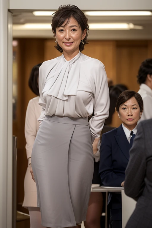 Best Quality, hight resolution, Hires, Skin definition, Detailed skin, Detailed eyes, Detailed face, 4K, 日本人A MILF, ((独奏)), (((50 years old))), (Wrinkles at the corners of the eyes:1.6), (nasolabial folds:1.6), A MILF, glamor, A sexy, Chromo-white skin, ((Wavy Shorthair)), Looking at Viewer,(((Aging skin:0.9))), ((loose muscles:0.9)), (((A slender))), (((Very large breasts:1.28))), ((Saggy udder)), (Saggy buttocks), ((Japanese Models)), 4K, (photoRealistic:1.5), Realistic, nffsw, Beautiful, Bimbo, Perfect makeup, small diamond necklace, piercings, (((Gray business suit, white undershirt, pantyhose, tight skirts, high-heels))), ssmile, Public places,Full body photo,