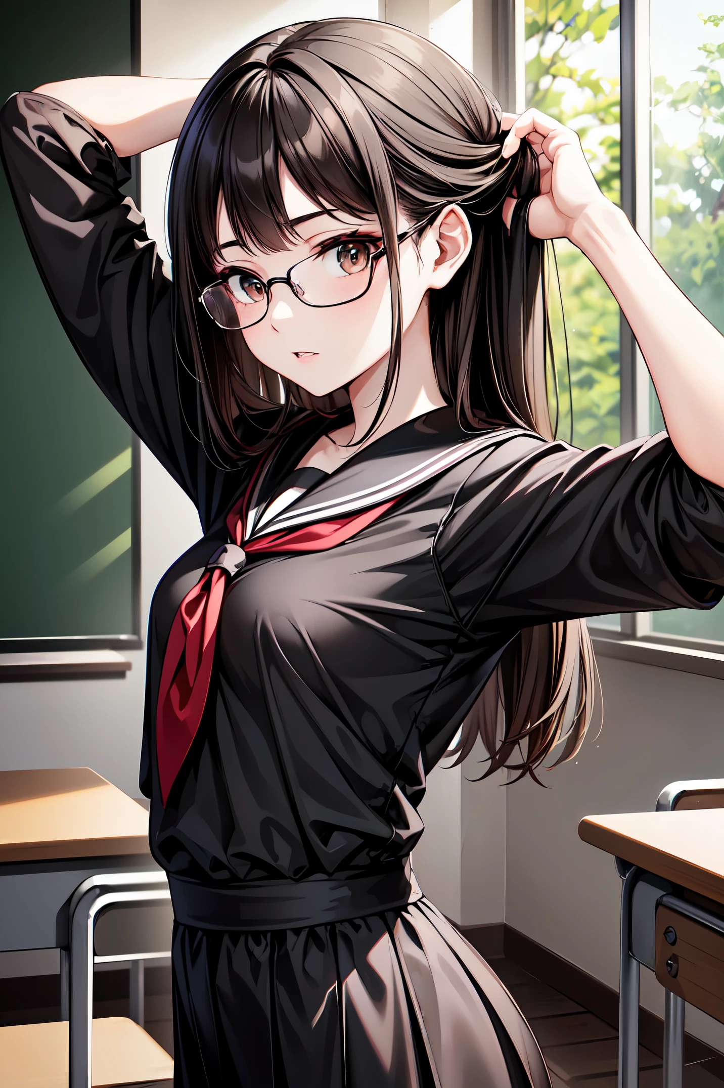 a young cute girl, dark brown eyes, serafuku, glasses, black medium hair, bundling my own hair, from side, classroom, Arms up, see-through, BREAK, (anime), (Masterpiece, Best Quality: 1.2), (Ultra High Resolution: 1.2), (RAW Photo: 1.2), (Ultra Detailed CG Unified 8k Wallpaper: 1.2), (Beautiful Skin: 1.2), (pale Skin: 1.3), (Beautiful pretty face: 1.3), (Ultra Realistic Photo), (Hyper Sharp Image), (Hyper Detail Image), (Hyper Sharp Focus: 1.5), (Ultra Sharp Focus: 1.5)