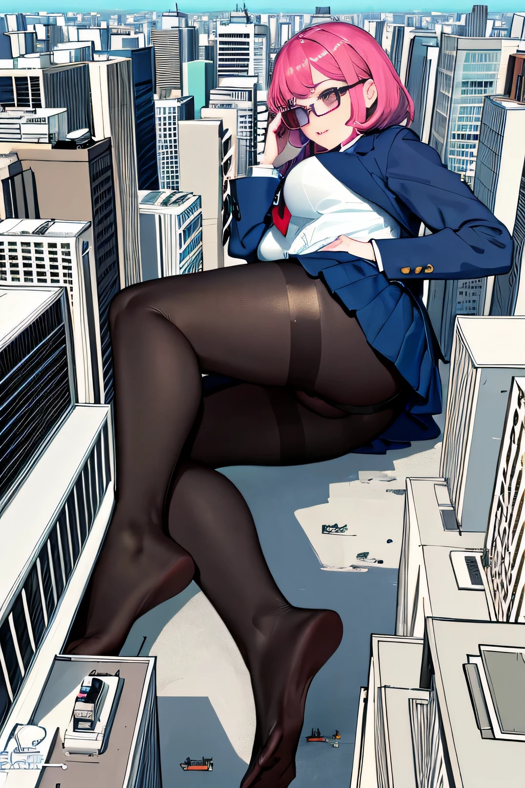 der riese art, a hyperrealistic schoolgirl, 非常に詳細なder rieseショット, der riese, Shorthair, a huge high school girl、&#39;It&#39;s much bigger than a skyscraper, Wearing rimless glasses, Colossal tits, Big ass, Navy blue blazer, Red tie, Mini Length Skirt, Black pantyhose, i don't wear shoes., miniature metropolis, i&#39;I am playing with capturing very small aircraft carriers and battleships.., nffsw, giga der riese, der riese, crashed warship, small warship, micro warship,