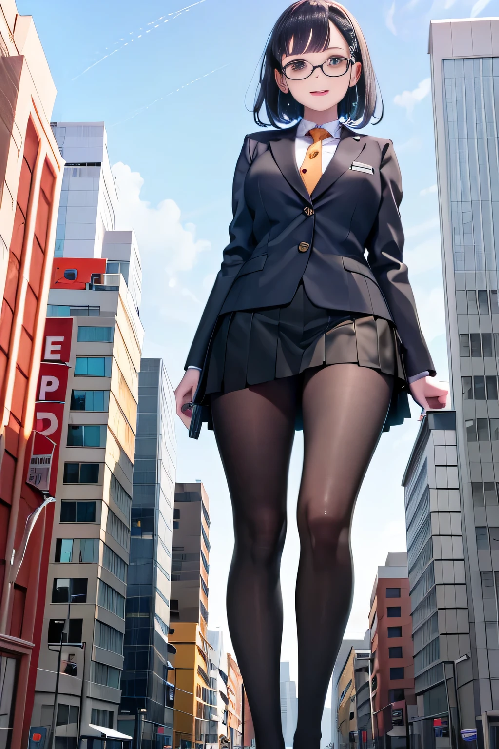 der riese art, a hyperrealistic schoolgirl, 非常に詳細なder rieseショット, der riese, Shorthair, a huge high school girl、&#39;It&#39;s much bigger than a skyscraper, Wearing rimless glasses, Colossal tits, Big ass, Navy blue blazer, Red tie, Mini Length Skirt, Black pantyhose, i don't wear shoes., miniature metropolis, i&#39;I am playing with capturing very small aircraft carriers and battleships.., nffsw, giga der riese, der riese, crashed warship, small warship, micro warship,