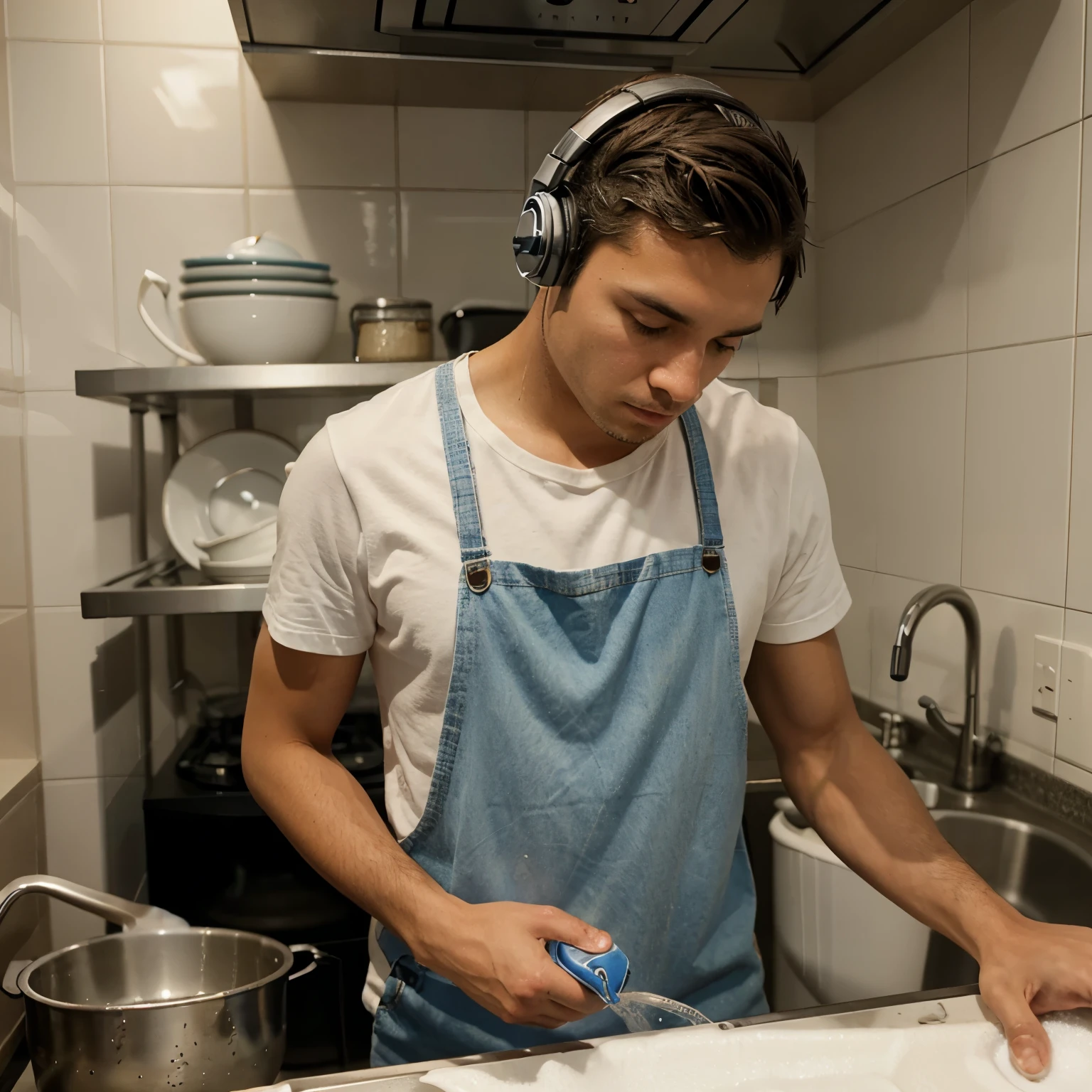 A man who listens to musicWith headphones. and washes dishes