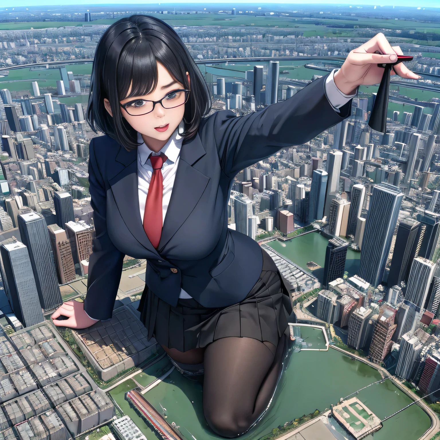 (solo), (1 skinny girl standing), arms behind back, swaying back, (tight-fit black thighhighs), necktie, black blazer, black pencil skirt, glass-walled skyscrapers in distance, BREAK, (long skinny legs), grabbing unaligned huge breasts, BREAK, (forced smile:1.3), (dripping tires:1.3), (disappeared), open mouth, orgasm, nsfw, pussy juice dripping down between thighs, breast milk cascade down from erectile nipple