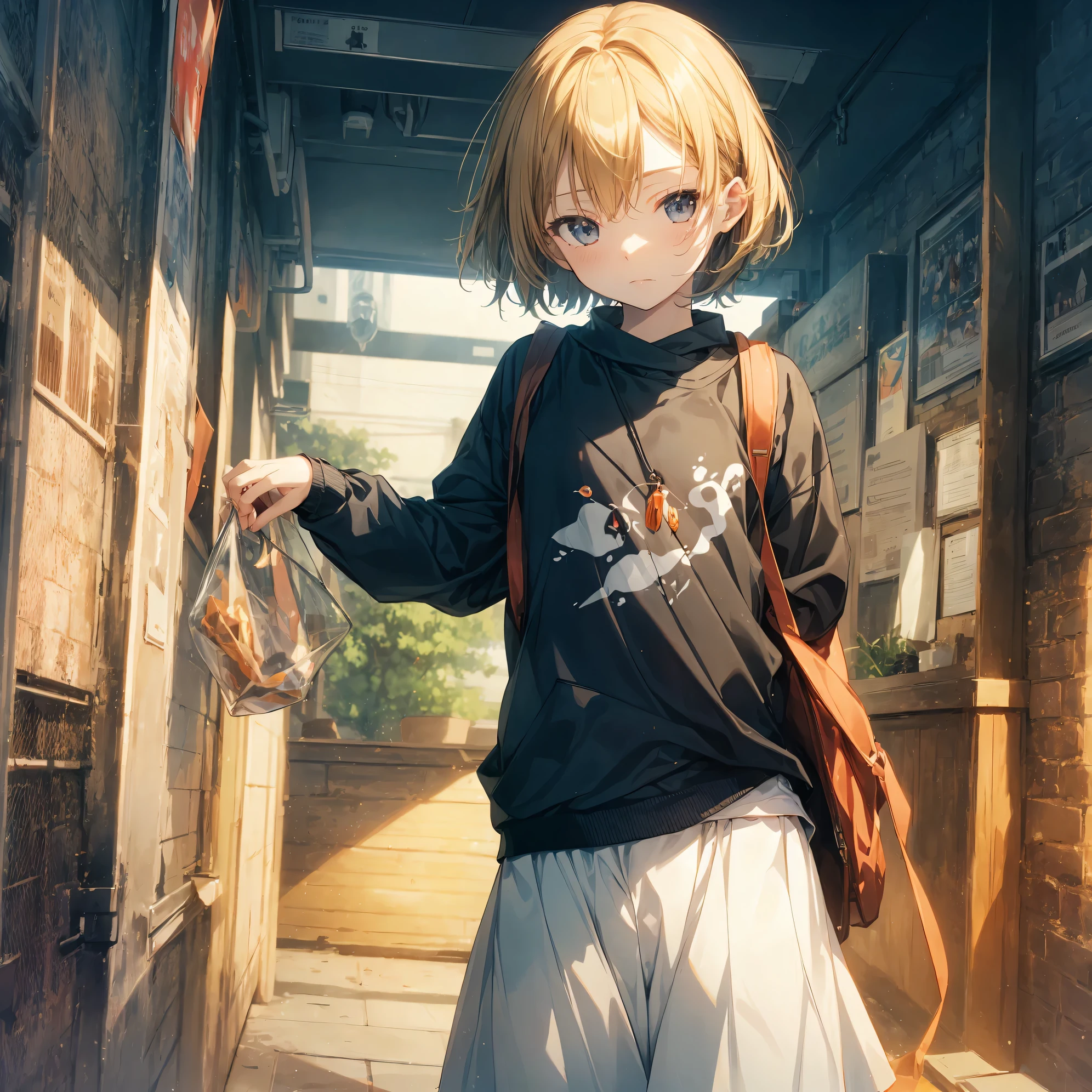 Super high quality by the art god, Ultra-detailed, High resolution, Shinkai Makoto style, anime moe art style, best anime 8K konachan wallpaper, Pixiv Contest Winner, Perfect Anatomy, BREAK,(Please draw a sleepy girl going to school alone.. ),BREAK, a hyperrealistic schoolgirl, (Solo,Lori,child,13years:1.3),Full limbs, complete fingers,a junior high school student, Androgynous attraction, (extra very short hair), hair messy, flat and soft chest, Small butt, groin, Small eyes,Beautiful detailed black eyes, Well-proportioned iris and pupils, disgusted eye, High resolution detailed hair, School uniform, Skirt, On the way to school. BREAK,Ultra-detailed細なスキン, Best lighting by famous artists, 8K, Illustration,