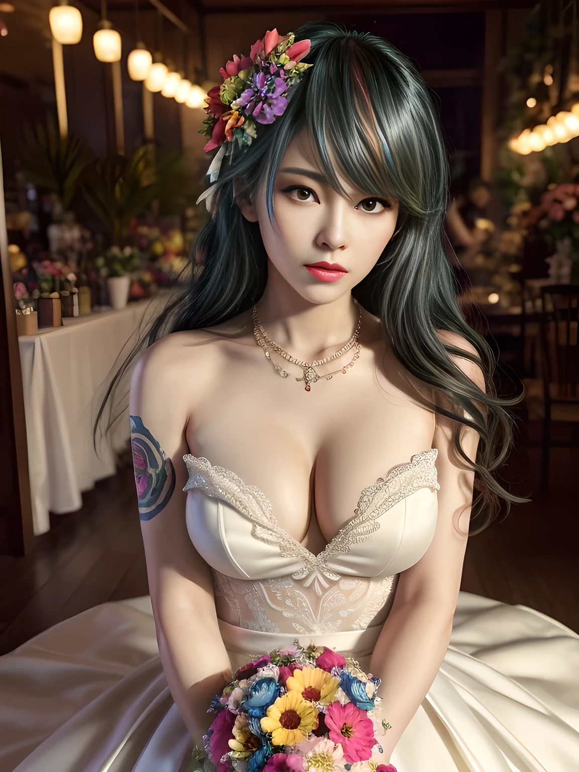 first person perspective,1 girl,Tamaki,(Dressed in vibrant rainbow color scheme art;wedding gown, bridal gown),((Flower shop)),jewely,Tattooed with,during night, full_themoon, As estrelas,Redlip,Charming cleavage,(tmasterpiece:1.5),( Best quality at best:1.4),(Realistis:1.4), detailed,8K，number art,detailed头发,Expressive eyes, s the perfect face, real fingers,depth of fields,Similar colors,a warm color palette,softlighting,low-contrast,hard shadows,Desaturate Hue, 流行超Realistis,