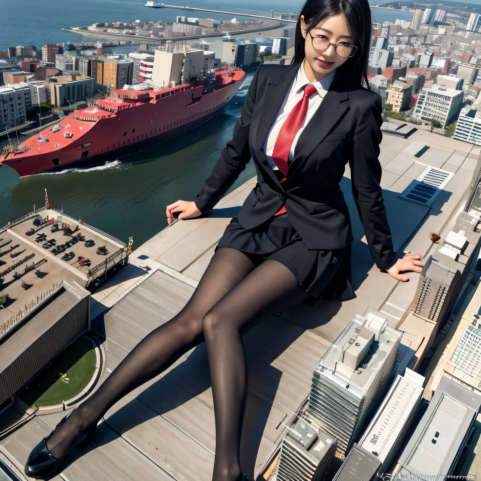 Multiple girls, der riese art, a hyperrealistic schoolgirl, 非常に詳細なder rieseショット, der riese, Shorthair, a huge high school girl、&#39;It&#39;s much bigger than a skyscraper, Wearing rimless glasses, Colossal tits, Big ass, Navy blue blazer, Red tie, Mini Length Skirt, Black pantyhose, i don't wear shoes., miniature metropolis, i&#39;I am playing with capturing very small aircraft carriers and battleships.., nffsw, giga der riese, der riese, crashed warship, small warship, micro warship,