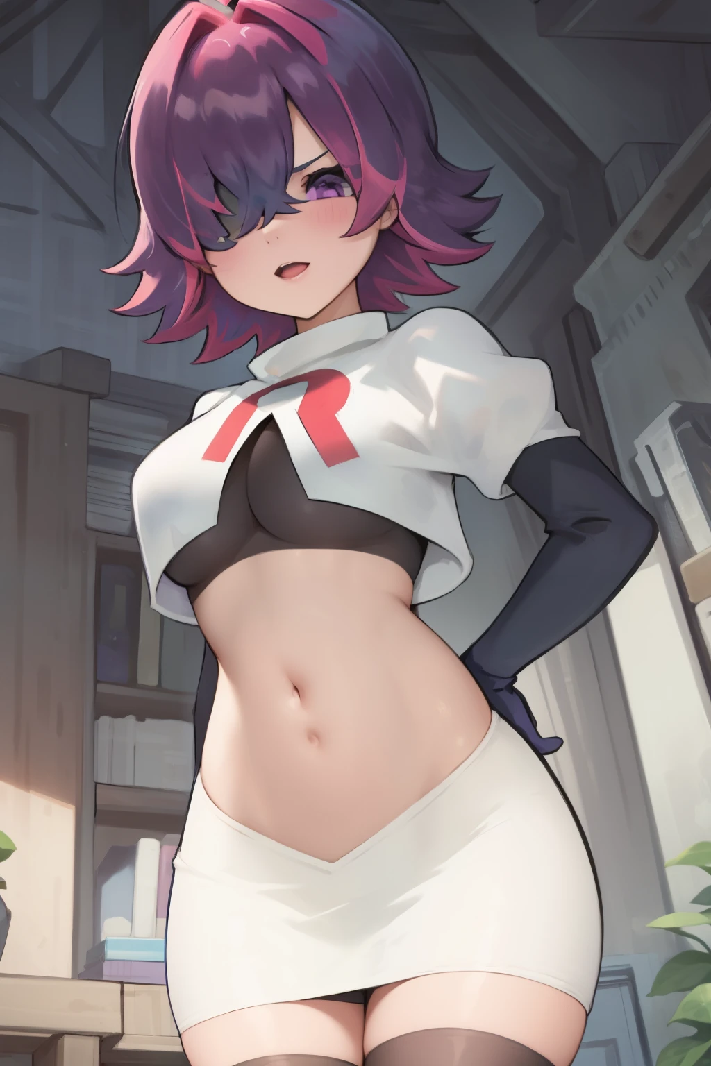 (extremely detailed CG), (best quality), perfect face, shiny skin, lustrous skin,wide hips,  narrow waist,  1girl,solo ,     DotPoke, hair over one eye, purple eyes,short hair, multicolored hair, pink hair, purple hairhair over eyes, team rocket,team rocket uniform,white skirt,red letter R,crop top,black thigh-highs,black elbow gloves,